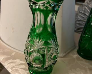 Emerald green cut glass vase