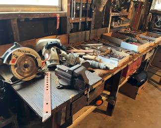 A long bench full of tools