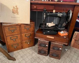 6 drawer oak file box and antique sewing machine parts