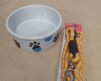 dog bowl and leash
