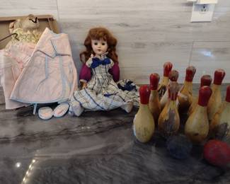 1950's walking doll, vintage child's wooden bowling set