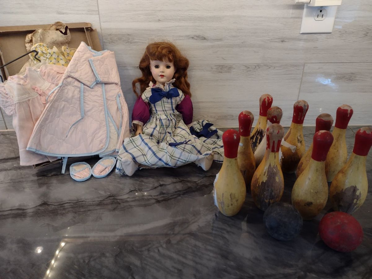 1950's walking doll, vintage child's wooden bowling set