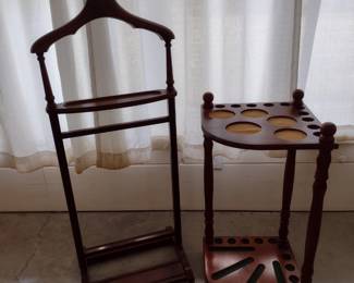 Vintage men's wooden valet. Vintage pool cue stand.