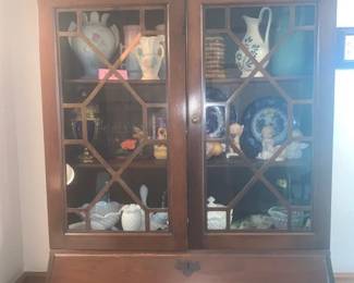 Antique Glass front China Cabinet with Secretary pulled down writing area