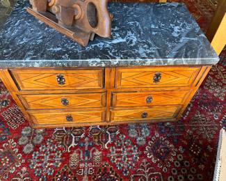 $190 six drawer marble top small chest. 
27 inches wide by 14 inches deep by 18 inches high. 