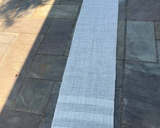 $90. Pottery Barn grey and white woven cotton table runner with stripe detail on the ends.  112"l x 18.5"w