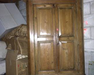 $430. 19th c. English – pine corner cabinet with four doors and green interior 36” wide, 26” side length, 79” high, 19” deep from corner back to front.  not on site and can be picked up in Kent where it has been safely stored or for a fee delivered to it's new home.