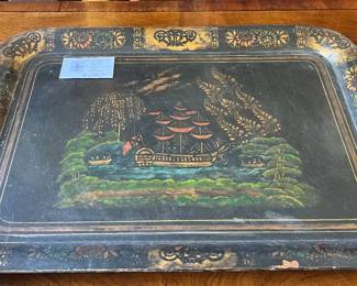 $290. Chinoiserie Tole metal tray circa 1850's 30"w x 22"h 