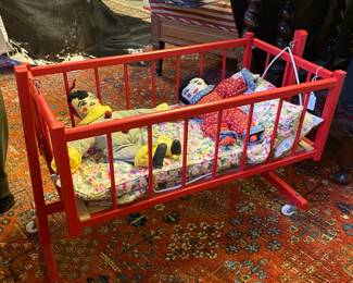 Vintage cradle and dolls.  These items for sale during in-person shopping hours Friday and Saturday. 