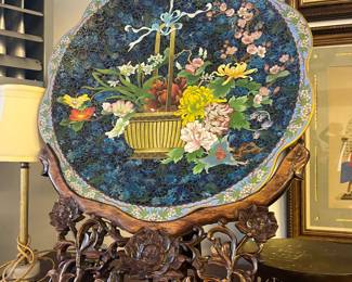 $980. Antique Cloisonne plate on a rosewood stand. 
