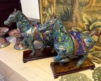 $680 each Antique Cloisonne Equine Statues with saddles.