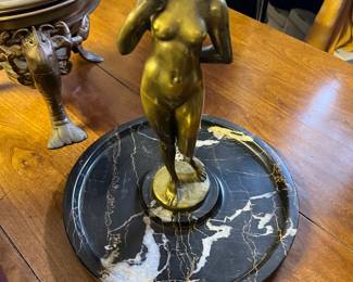 $890. Antique art Deco statue depicting a nude mounted on a marble base.  Roughly 12 " tall originally $1700.