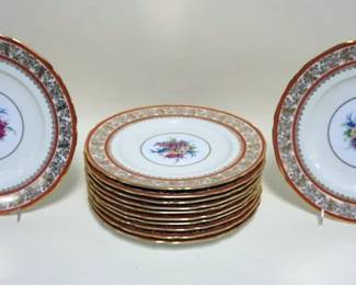 1014	12 HAND PAINTED PORCELAIN MEITO CHINA DINNER PLATES, APPROXIMATELY 10 3/4 IN
