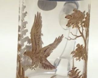 1058	BAVARIAN CRYSTAL STEIN WITH ETCHED GLASS, SCENE HAVING GILT ACCENTS, JEWELED RUBY PEWTER LID, APPROXIMATELY 9 IN H, GLASHUTTE
