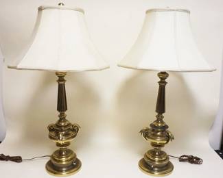 1113	PAIR OF BRASS TAPERED COLUMN & URN TABLE LAMPS, APPROXIMATELY 34 IN HIGH
