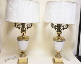 1115	PAIR OF ORNATE BRASS CADELABRA TABLE LAMPS W/PARIAN INSERTS & EMBOSSED CHERUBS, APROXIMATELY 38 IN
