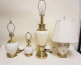 1119	LOT OF ASSORTED BRASS BASED TABLE LAMPS, 3 ARE LENOX, TALLEST APPROXIMATELY 33 IN HIGH
