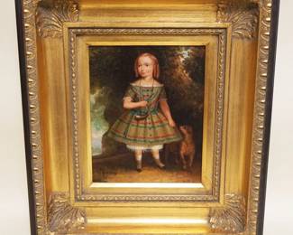 1126	CONTEMPORARY OIL PAINTING ON CANVAS IN GILT FRAME, ARTIST SIGNED, PORTRAIT OF YOUNG GIRL & DOG, APPROXIMATELY 16 IN X 18 IN OVERALL
