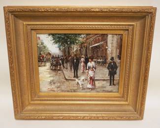 1127	CONTEMPORARY OIL PAINTING ON CANVAS IN GILT FRAME, ARTIST SIGNED, STREET SCENE, APPROXIMATELY 21 IN X 26 IN OVERALL
