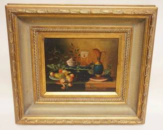 1128	CONTEMPORARY OIL PAINTING ON CANVAS IN GILT FRAME, ARTIST SIGNED, STILL LIFE, APPROXIMATELY 16 IN X 18 IN OVERALL
