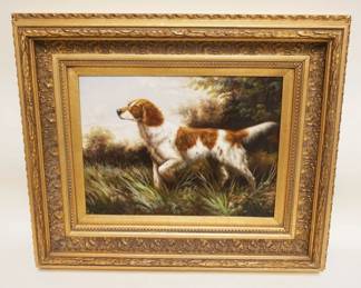 1130	CONTEMPORARY OIL PAINTING ON CANVAS IN GILT FRAME, ARTIST SIGNED OF A DOG, APPROXIMATELY 21 IN X 25 IN OVERALL
