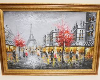 1134	LARGE CONTEMPORARY OIL PAINTING ON CANVAS, PARIS STREET SCENE SIGNED BURNET, APPROXIMATELY 41 IN X 30 IN
