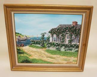 1136	OIL PAINTING ON CANVAS SIGNED JAMES W MADDOCKS OF COTTAGE ON SHORE, APPROXIMATELY 26 IN X 29 IN OVERALL
