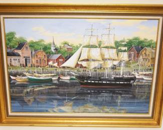 1137	OIL PAINTING ON CANVAS SIGNED JAMES W MADDOCKS, SHIPS & BOATS ON NEW ENGLAND SHORE W/VILLAGE, APPROXIMATELY 30 IN X 42 IN OVERALL
