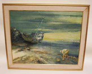 1139	OIL PAINTING ON CANVAS, SHIPWRECK ON SHORE W/FISHERMAN, ARTIST SIGNED REALE, APPROXIMATELY 33 IN X 27 IN OVERALL
