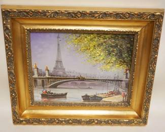 1144	CONTEMPORARY FRAMED PRINT OF EIFFEL TOWER IN DEEP GILT FRAME, APPROXIMATELY 20 IN X 22 IN OVERALL

