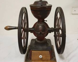 1153	ANTIQUE DOUBLE WHEEL COFFEE GRINDER, ENTERPRISE, BOTTOM WOOD DRAWER REPLACED
