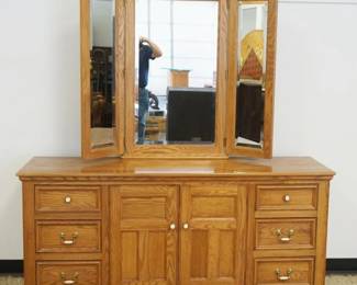 1171	PENNSYLVANIA HOUSE SOLID OAK LOW DRESSER W/TRIPLE BEVELED EDGED MIRROR TOP, APPROXIMATELY 68 IN X 19 IN X 76 IN HIGH
