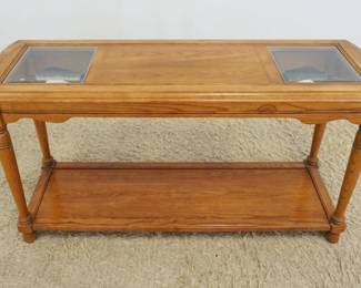 1176	SOLID OAK BASSETT SOFA TABLE W/INSET BEVELED GLASS TOP, APPROXIMATELY 53 IN X 17 IN X 27 IN HIGH
