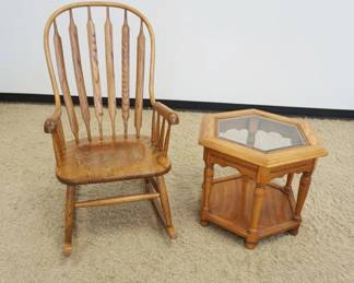 1177	OAK BENTWOOD ARROW BACK ROCKER & GLASS INSET LAMP TABLE
