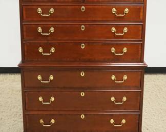 1188	COUNCIL MAHOGANY HIGH CHEST W/8 BANDED INLAID DRAWERS ON BRACKET FEET, CLEAN, APPROXIMATELY 38 IN X 21 IN X 55 IN HIGH
