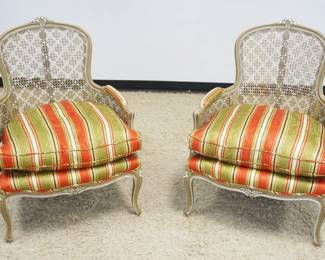 1196	PAIR OF ORNATE UNMARKED BAKER ARMCHAIRS, FRENCH PROVINCIAL W/CANE ARMS & BACK
