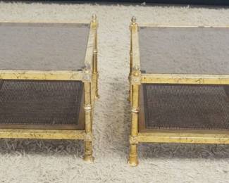 1203	PAIR OF MAISON JANSEN STYLE GILT METAL STANDS W/INSET GLASS TOPS & WOOD W/CANE LOWER SHELVES, APPROXIMATELY 21 IN SQUARE X 17 IN HIGH
