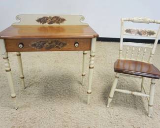 1217	CONTEMPORARY HITCHCOCK WRITING TABLE, ONE DRAWER, STENCILED & PAINT DECORATED W/SIDE CHAIR, WEAR TO TOP SURFACE, TABLE APPROXIMATELY 32 IN X 16 IN X 34 IN
