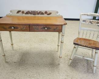 1218	CONTEMPORARY HITCHCOCK WRITING TABLE, ONE DRAWER, STENCILED & PAINT DECORATED W/SIDE CHAIR, WEAR TO EDGE, TABLE APPROXIMATELY 32 IN X 16 IN X 34 IN
