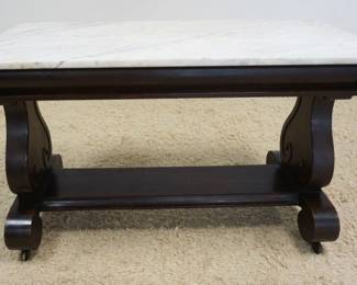 1223	EMPIRE MAHOGANY MARBLE TOP STAND W/LYRE SIDES & SCROLL FEET, APPROXIMATELY 49 IN X 23 IN X 30 IN HIGH
