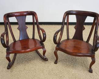1229	PAIR OF UNUSUAL CURVED SWAN NECK ARM MAHOGANY ROCKER & CHAIR
