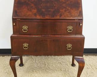 1232	WALNUT SLANT FRONT WRITING DESK, 2 DRAWER W/BURL WOOD DESK LID, APPROXIMATELY 29 IN X 16 IN X 39 IN HIGH
