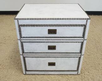1251	RESTORATION HARDWARE WHITE DISTRESSED LEATHER CHEST, 3 DRAWER W/BRASS TACK ACCENTS, APPROXIMATELY 25 IN X 19 IN X 27 IN HIGH
