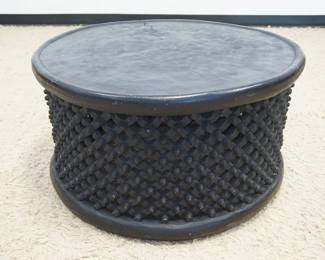 1252	BAMILEVE AFRICAN CARVED LATTICE WORK WOOD ROUND TABLE, APPROXIMATELY 34 IN X 19 IN HIGH
