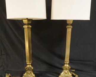 1261	PAIR OF RELIGIOUS BRASS PRICKET STICK TABLE LAMPS, APPROXIMATELY 41 IN HIGH
