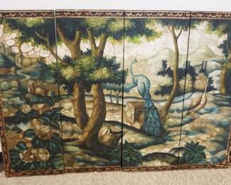 1266	4 PART HANGING WALL MURAL ON WOOD W/PEACOCKS IN FOREST, APPROXIMATELY 62 in x 42 in
