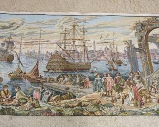 1273	CONTEMPORARY TAPESTRY OF CONTINENTAL SEAPORT W/MERCHANTS, APPROXIMATELY 6 FT 2 IN X 3 FT 2 IN
