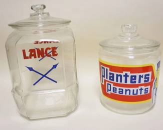 1280	PLANTERS PEANUT & LANCE GLASS STORE COUNTER JARS, TALLEST APPROXIMATELY 13 IN HIGH
