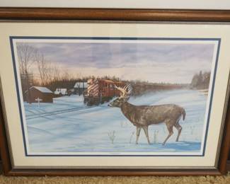 1284	LARGE FRAMED & MATTED STAG LTD PRINT AT RR EDGE W/LOCOMOTIVE, SIGNED PAUL LARRABEE 45/500 *WINTER ENCOUNTER*
