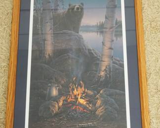 1287	LARGE FRAMED & MATTED PRINT OF BLACK BEAR APPROACHING CAMPFIRE, SIGNED DANIEL SMITH 333/1750, APPROXIMATELY 25 IN X 43 IN OVERALL
